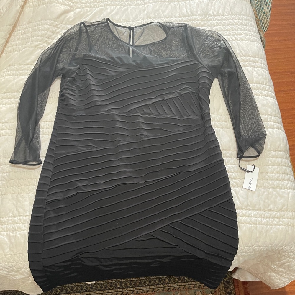 Black long sleeve cocktail dress. Sheer neck/sleeves. Very figure flattering.